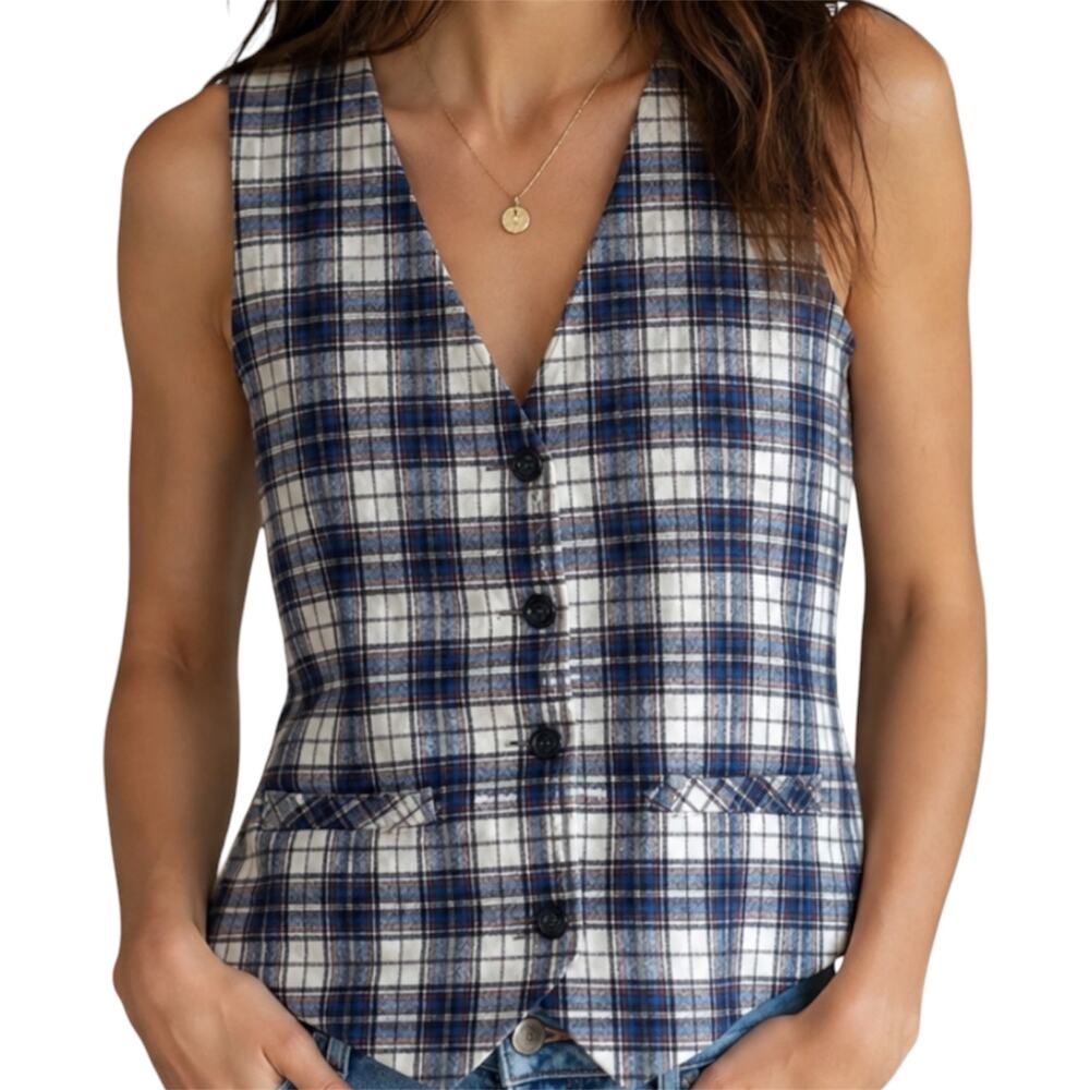 Pendleton Wool Vest 5 Button Down Pockets Plaid Navy Blue Cream Small 34R